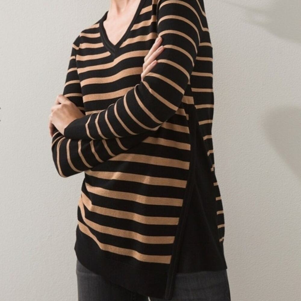 Chico's very soft tan striped asymmetrical hem tunic‎ sweater woman's size XL